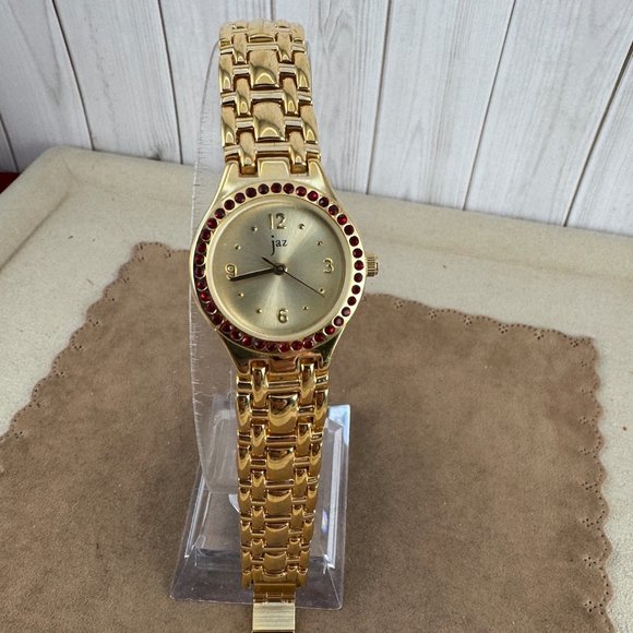 Vintage Jaz Paris French Designer Gold 18K gold plated Watch with red CZ Bezel - Picture 9 of 9